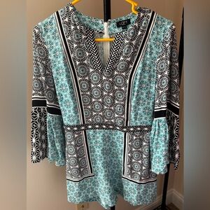 Ann Taylor LOFT Boho Geometric Romper | 3/4 Bell Sleeve | Petite XS